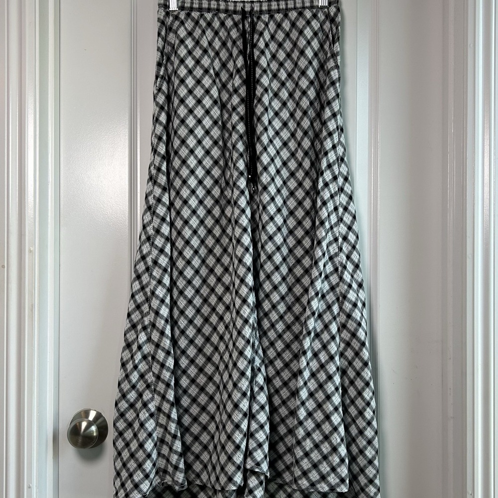Max Studio‎ Black White Plaid Drawstring Elastic Waist Flowy A-Line Maxi Skirt